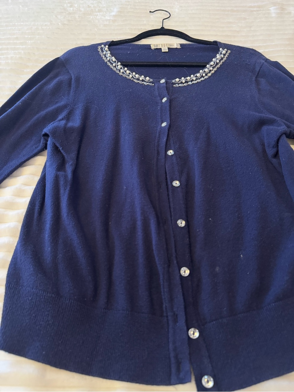 Spense Navy Blue Jeweled-Neck Button Cardigan